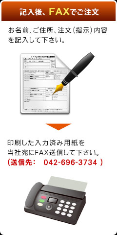 記入後FAXでご注文（お名前、ご住所、注文（指示）内容を記入して下さい。→印刷した入力済み用紙を当社宛にFAX送信して下さい。（送信先：042-696-3734））